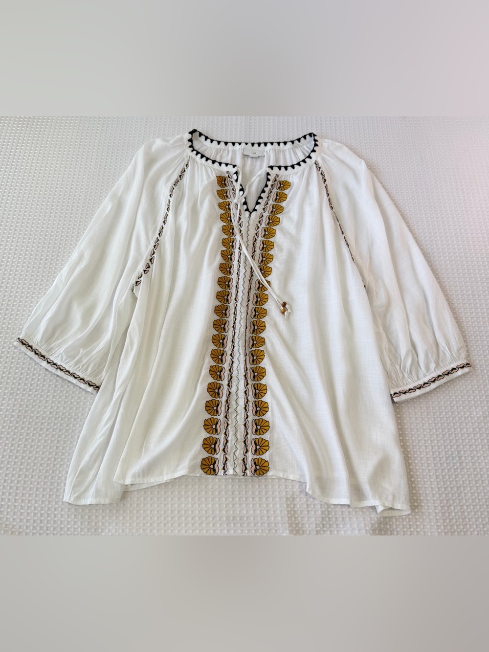 J. Jill White Gauze Tunic Blouse Embroidered Yellow Black Trim Tassels Size 3X